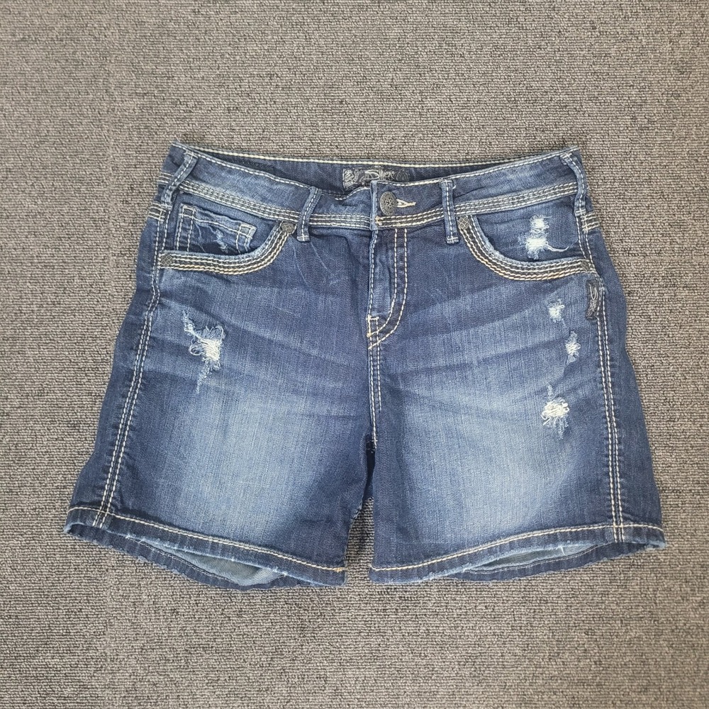Silver Jeans Co Size W29 Suki Mid Rise Curvy Distressed Denim Shorts Womens Blue